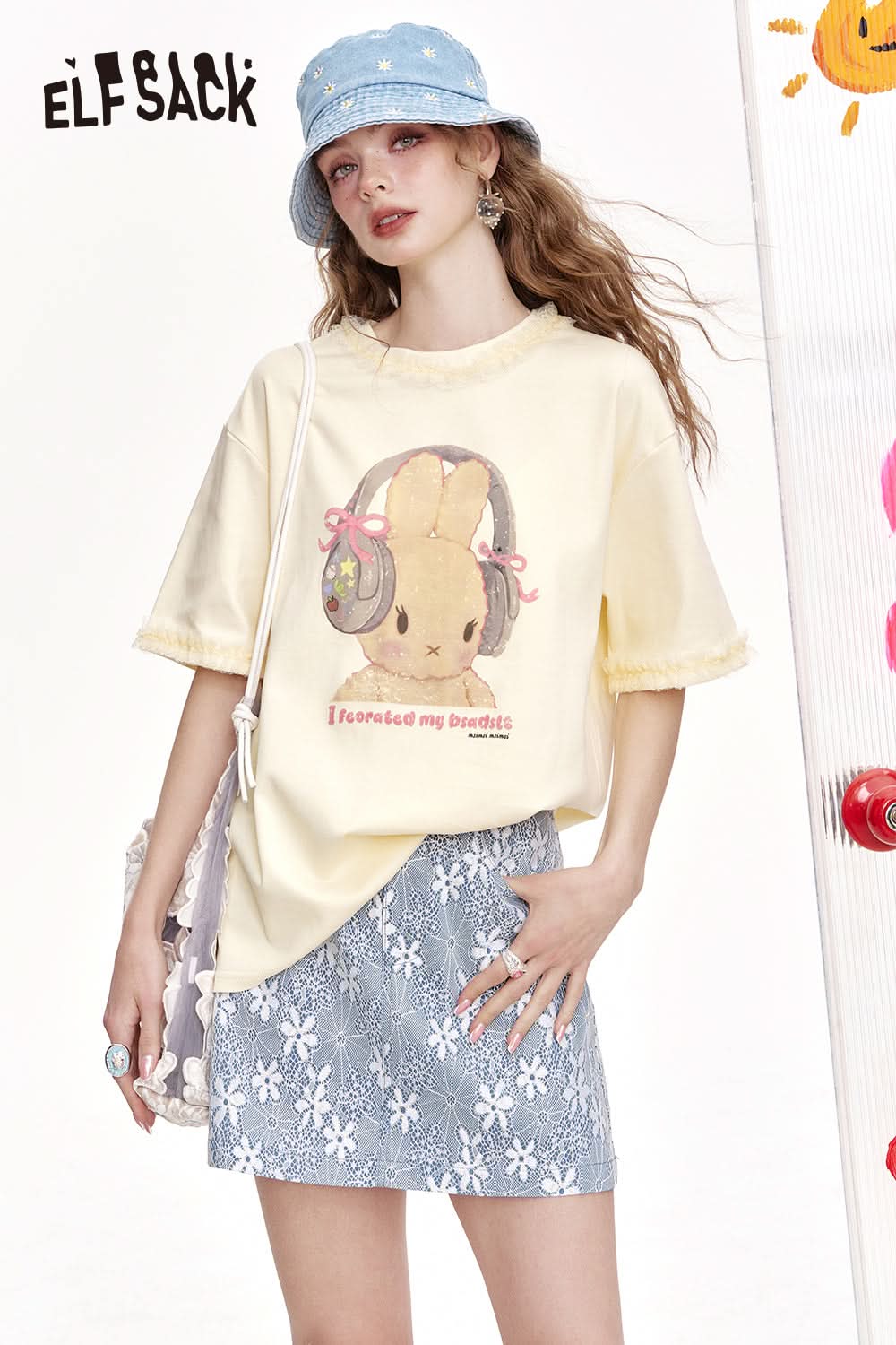 ELFSACK Lace Patchwork Printed Casual Short Sleeved T-Shirt