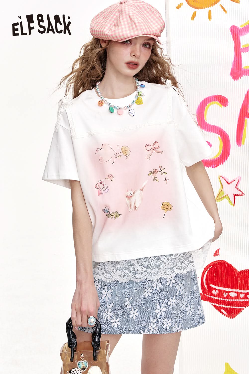 ELFSACK Lace Patchwork Casual Printed Short Sleeved T-Shirt