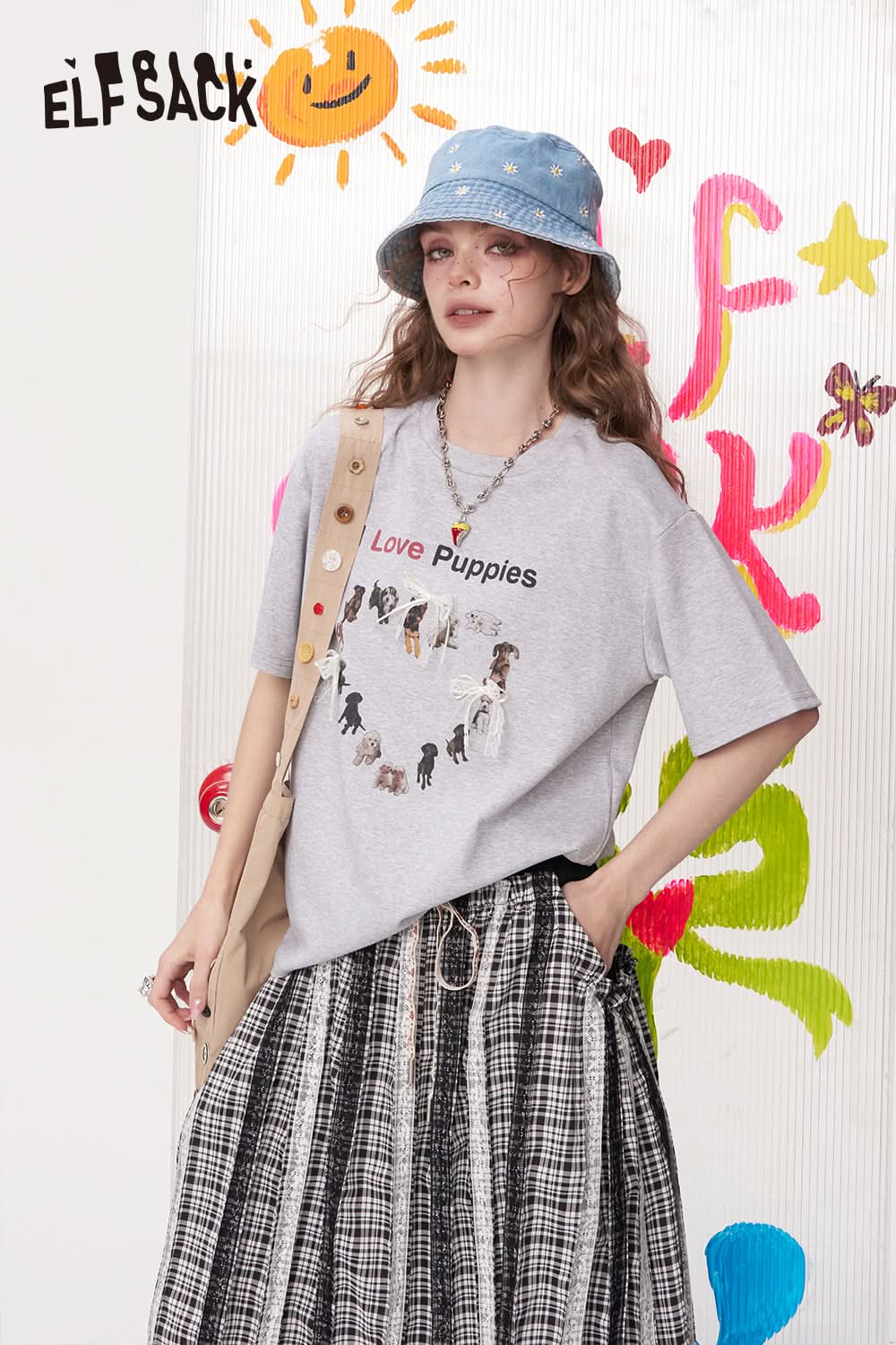 ELFSACK Bow Lace Puppy Print Casual Short Sleeved T-Shirt