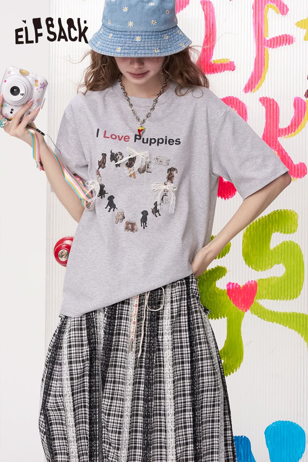 ELFSACK Bow Lace Puppy Print Casual Short Sleeved T-Shirt