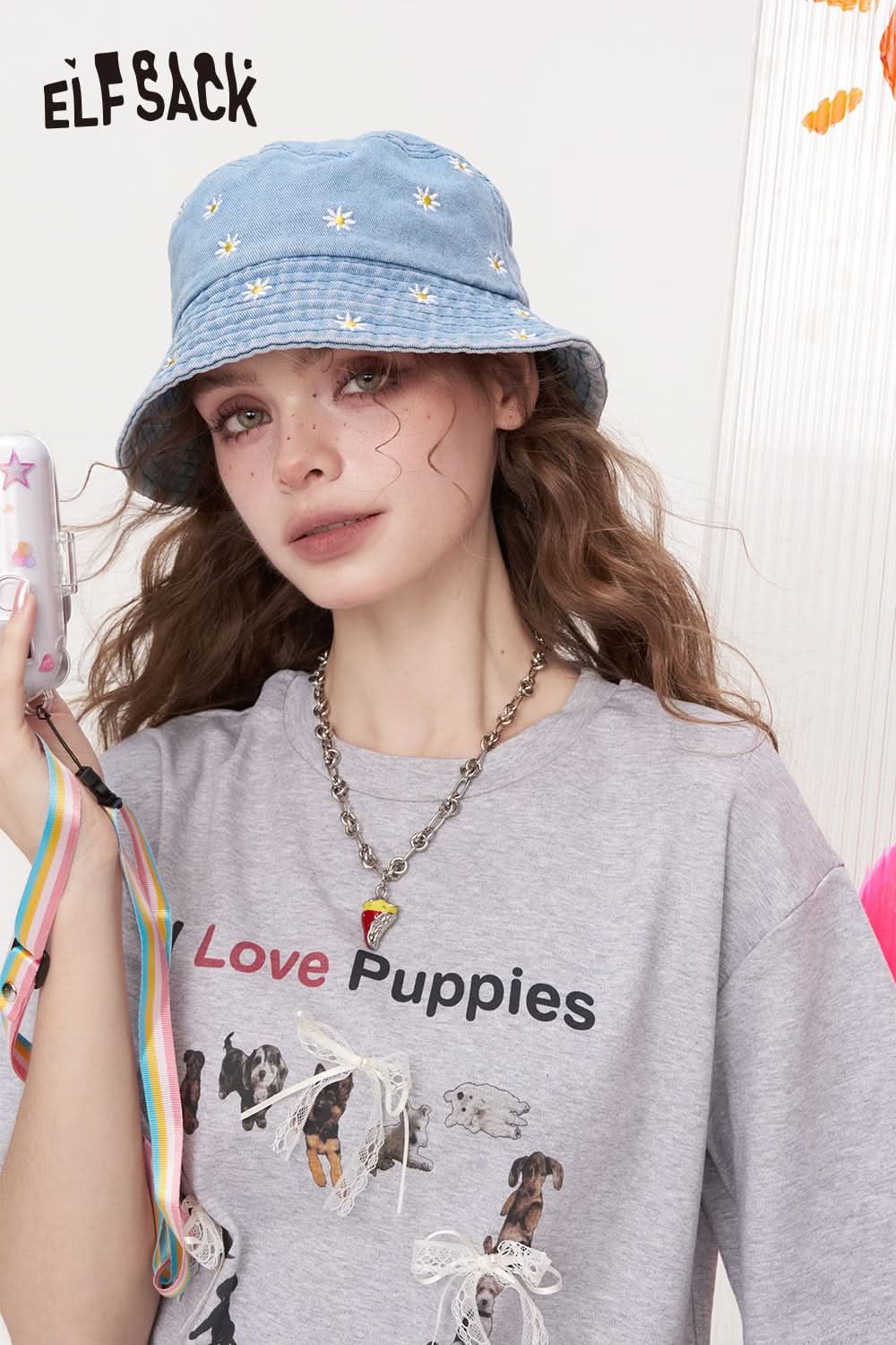 ELFSACK Bow Lace Puppy Print Casual Short Sleeved T-Shirt