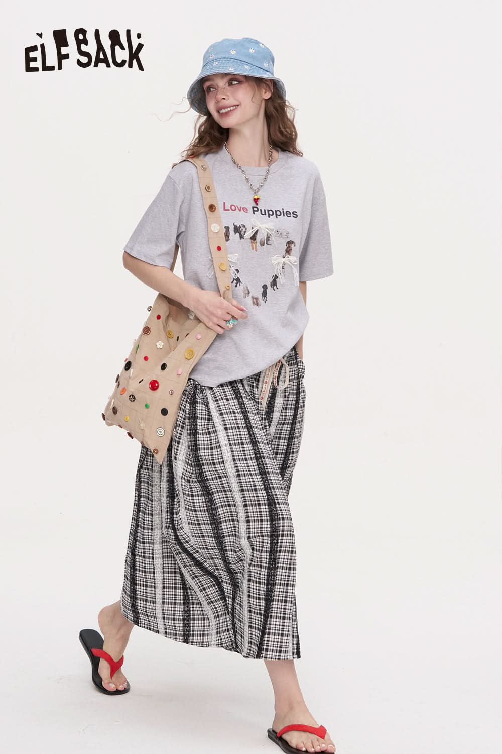 ELFSACK Bow Lace Puppy Print Casual Short Sleeved T-Shirt