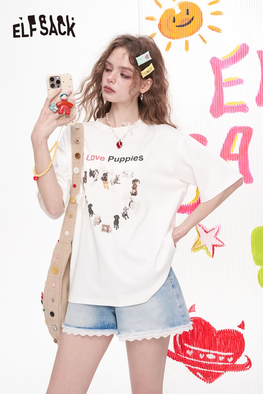 ELFSACK Bow Lace Puppy Print Casual Short Sleeved T-Shirt