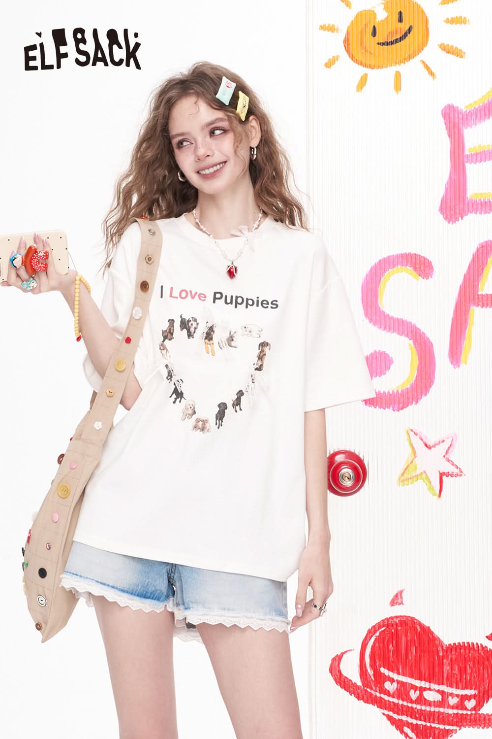 ELFSACK Bow Lace Puppy Print Casual Short Sleeved T-Shirt