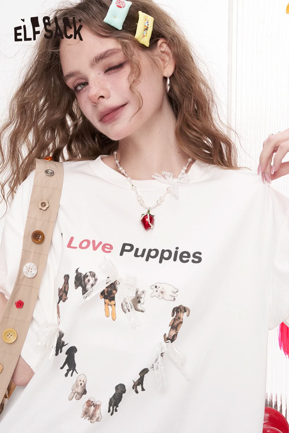 ELFSACK Bow Lace Puppy Print Casual Short Sleeved T-Shirt