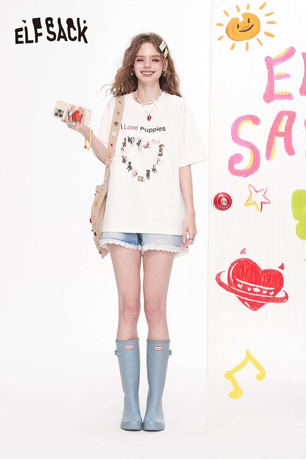 ELFSACK Bow Lace Puppy Print Casual Short Sleeved T-Shirt