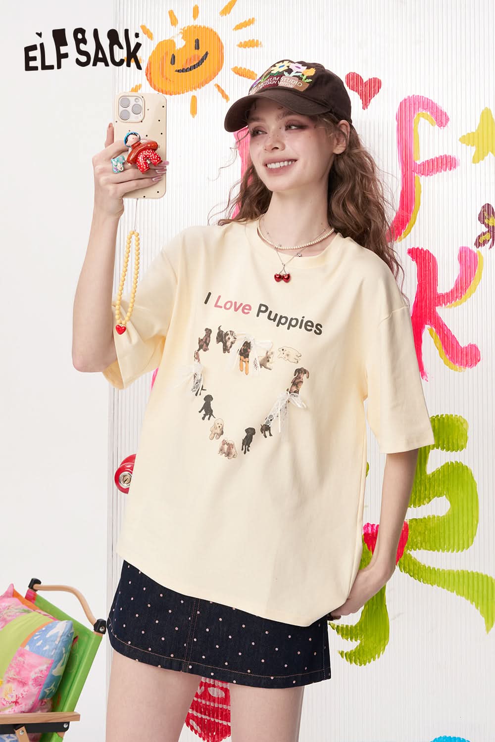 ELFSACK Bow Lace Puppy Print Casual Short Sleeved T-Shirt