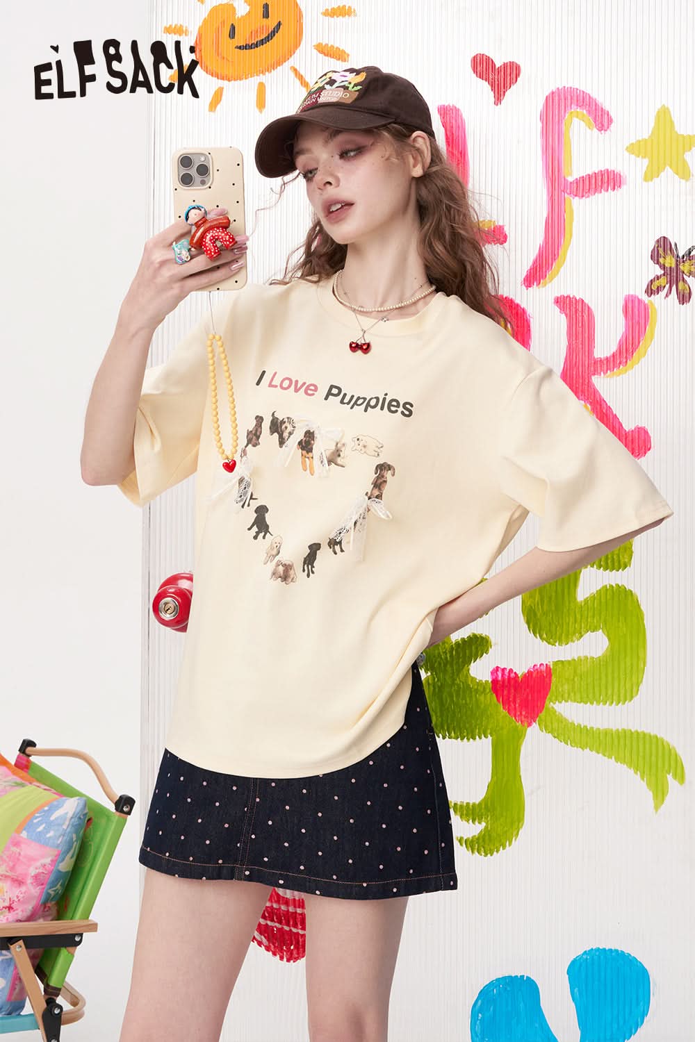 ELFSACK Bow Lace Puppy Print Casual Short Sleeved T-Shirt