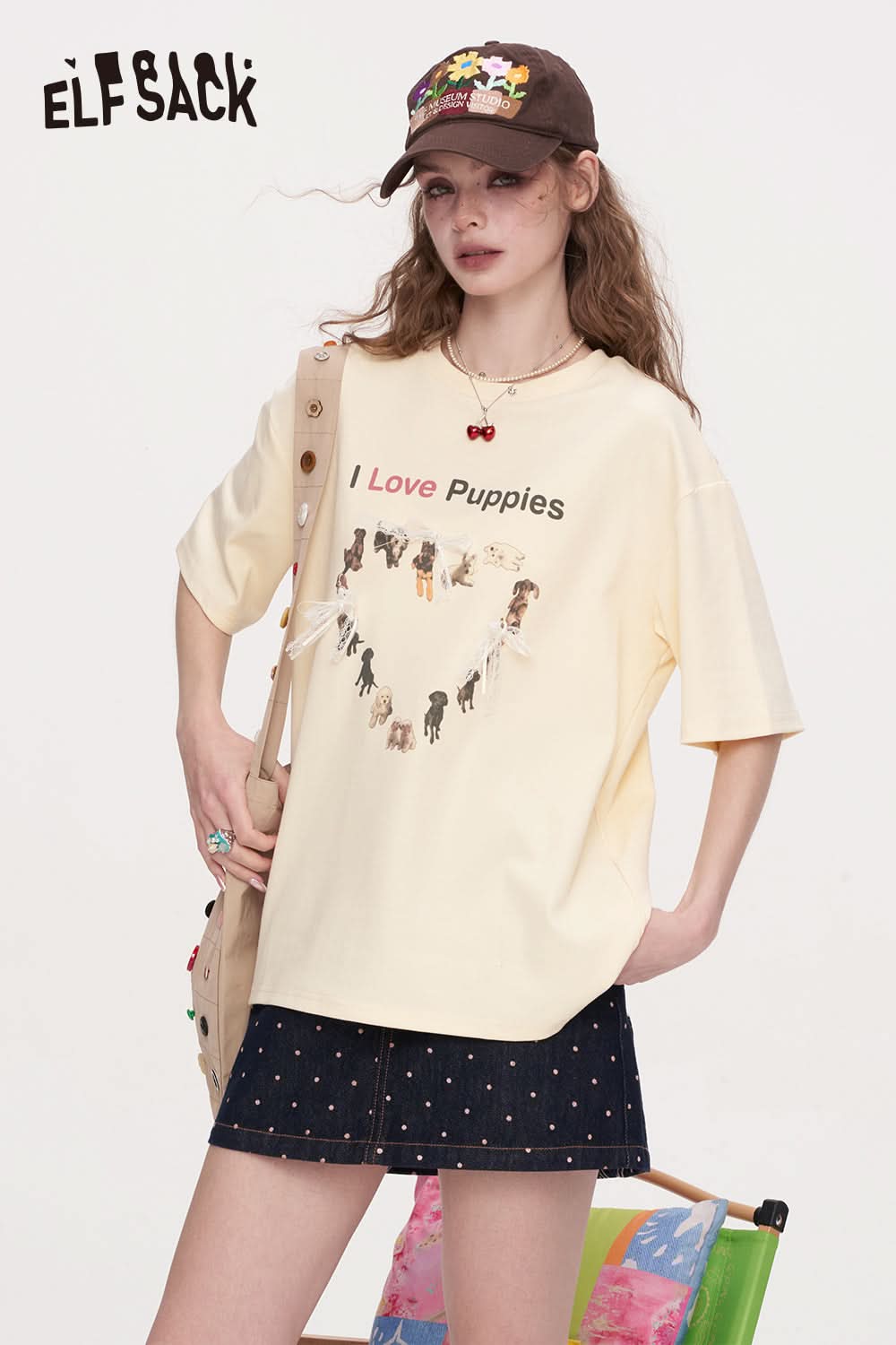 ELFSACK Bow Lace Puppy Print Casual Short Sleeved T-Shirt