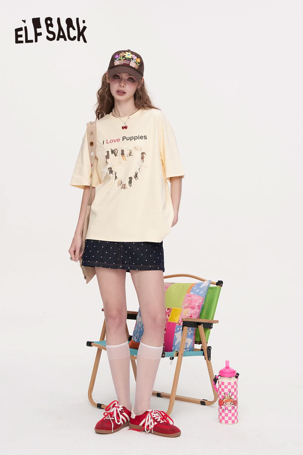 ELFSACK Bow Lace Puppy Print Casual Short Sleeved T-Shirt