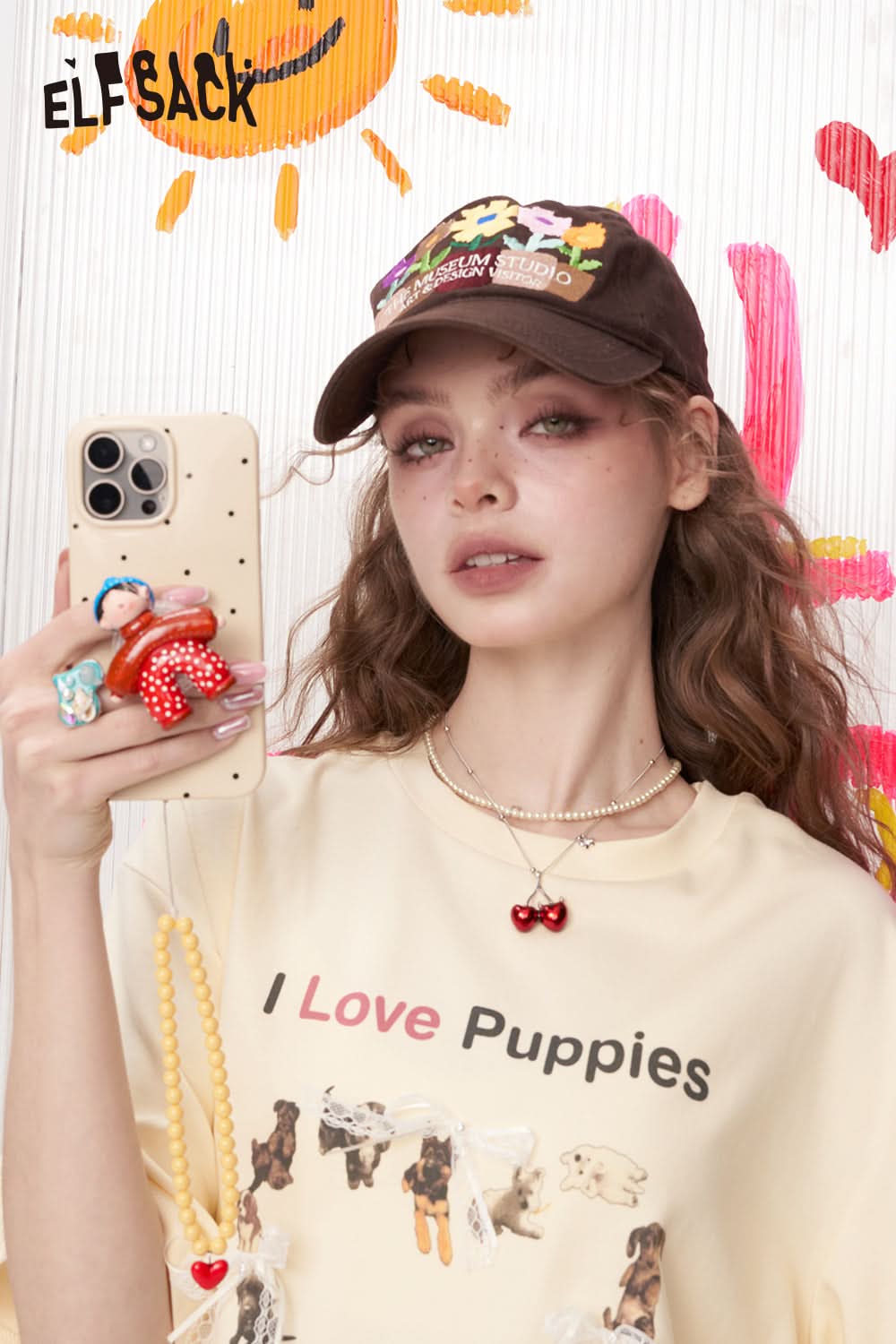 ELFSACK Bow Lace Puppy Print Casual Short Sleeved T-Shirt