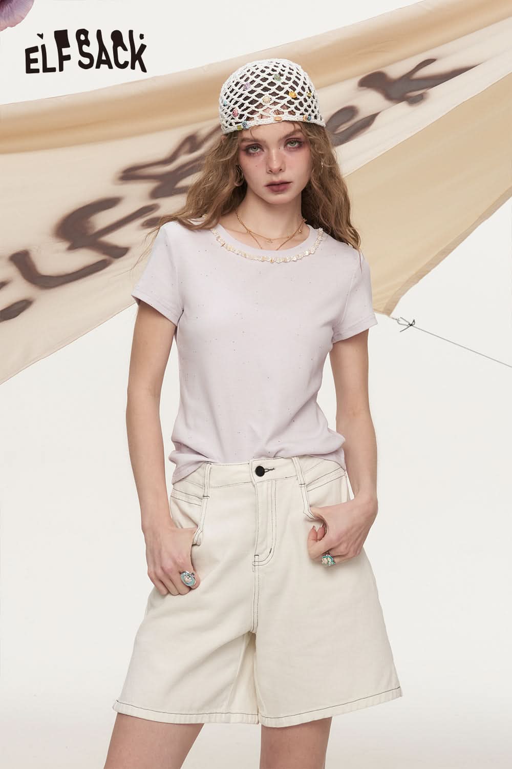 ELFSACK Shell Nail Bead Round Neck Short Sleeve T-Shirt