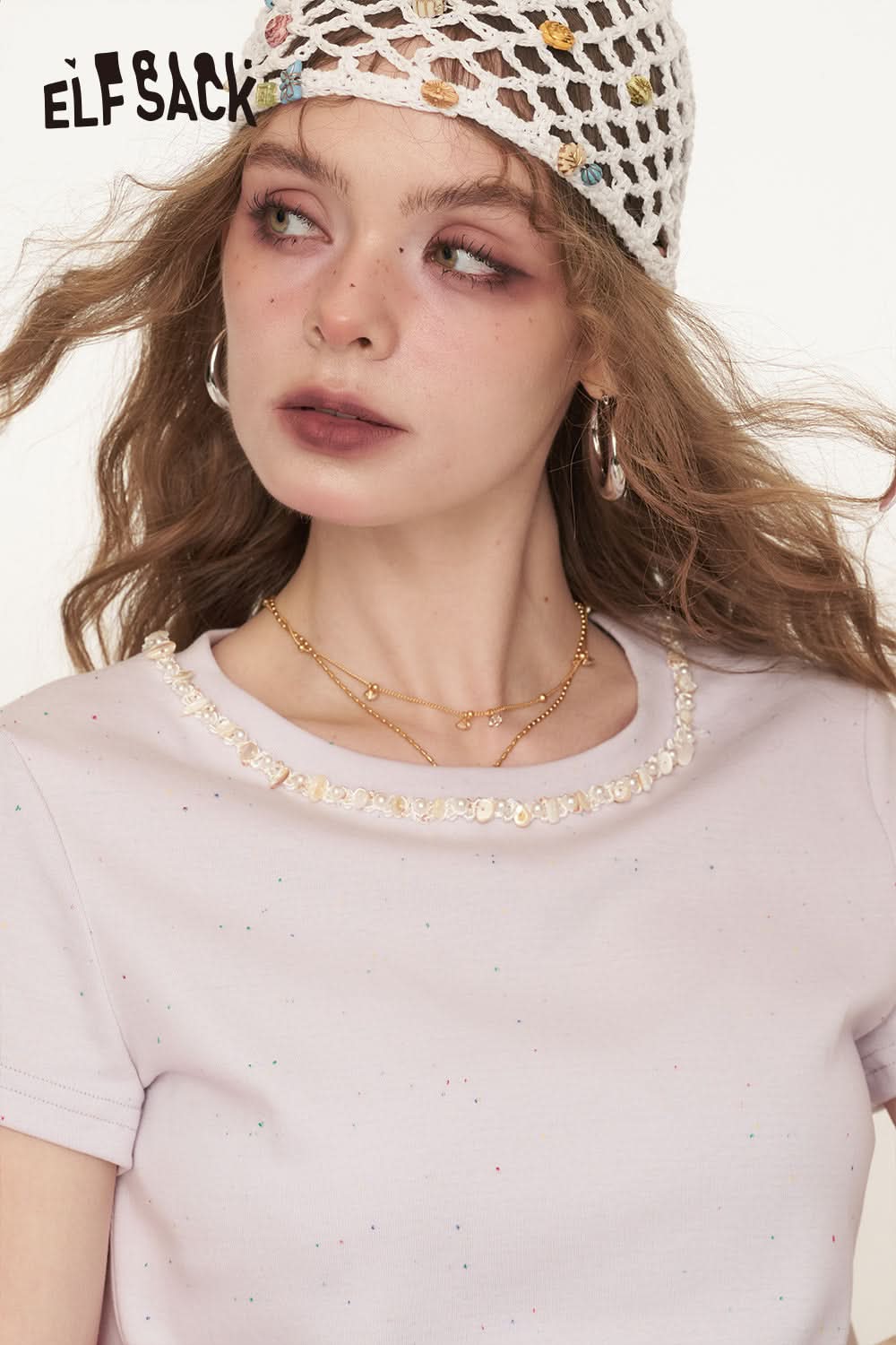 ELFSACK Shell Nail Bead Round Neck Short Sleeve T-Shirt