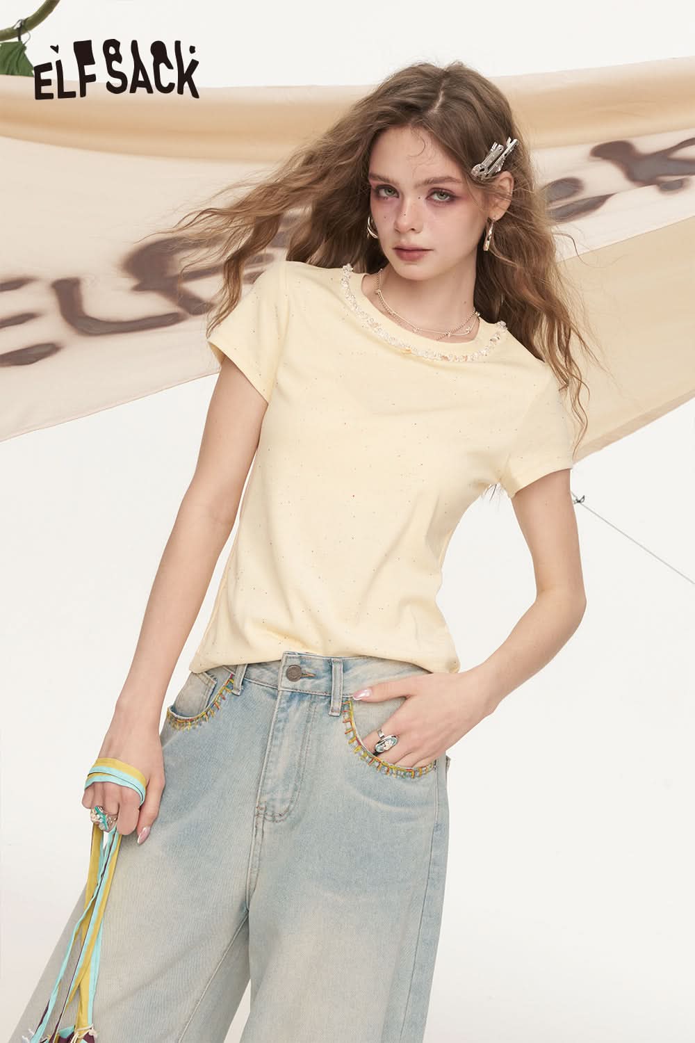 ELFSACK Shell Nail Bead Round Neck Short Sleeve T-Shirt