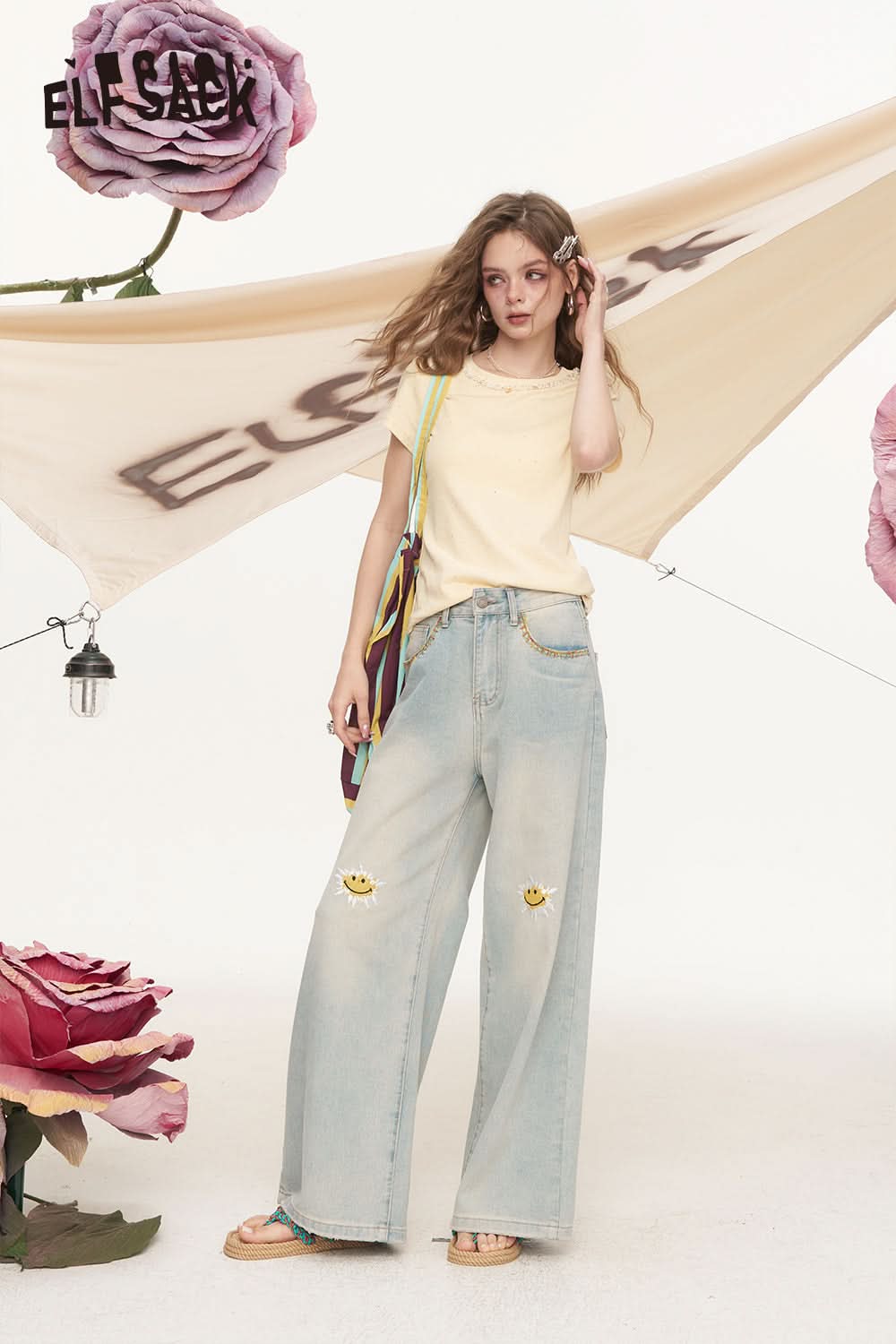 ELFSACK Shell Nail Bead Round Neck Short Sleeve T-Shirt