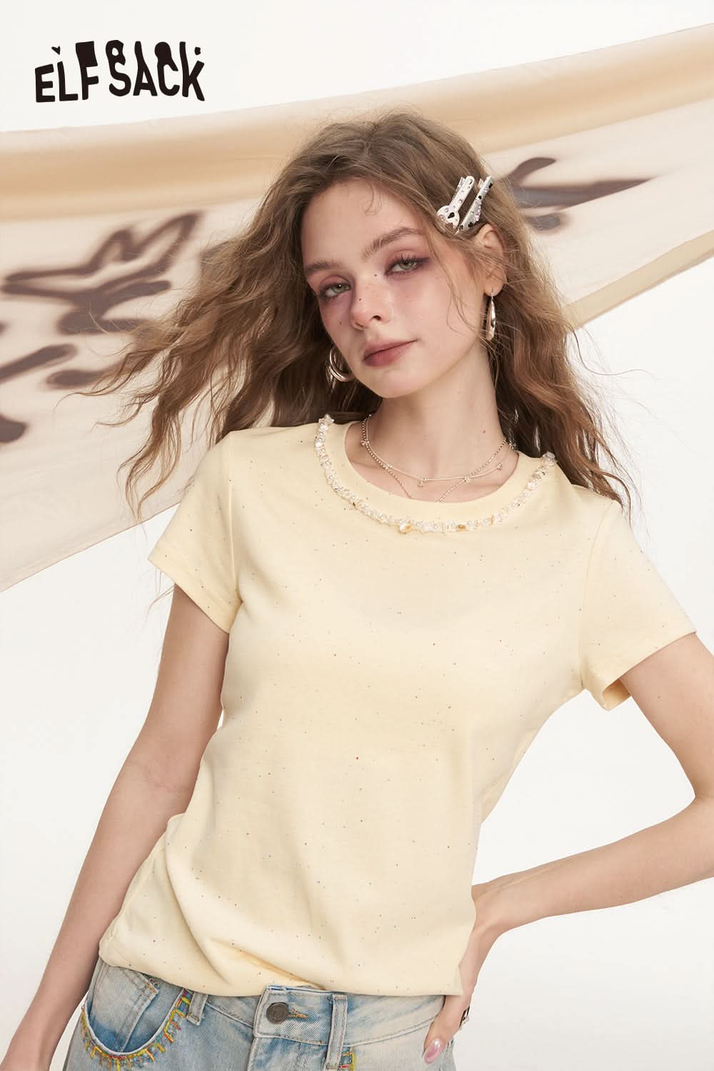 ELFSACK Shell Nail Bead Round Neck Short Sleeve T-Shirt