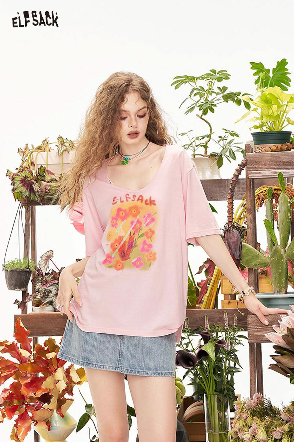 ELFSACK U-Neck Printed Casual Short Sleeve T-Shirt