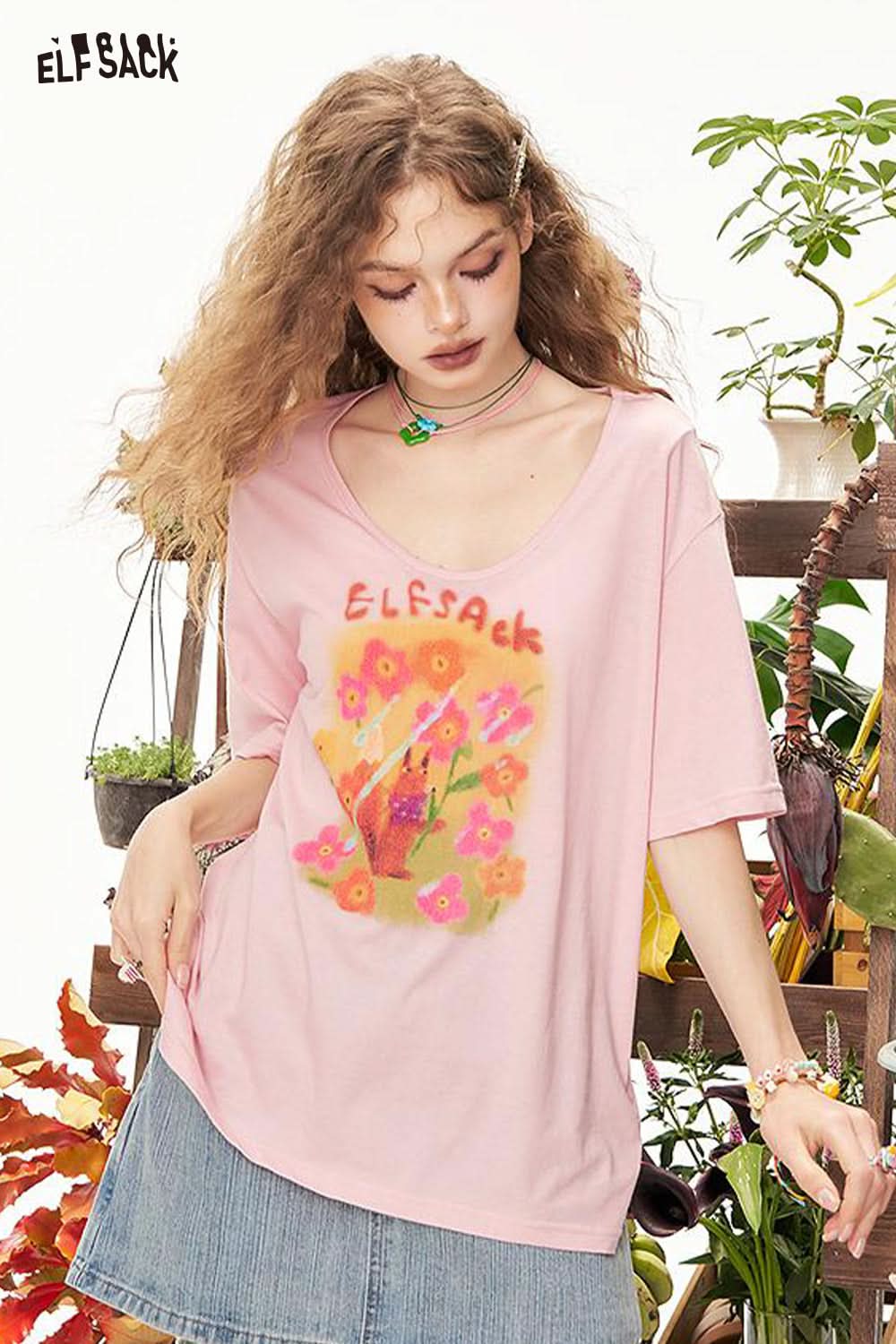 ELFSACK U-Neck Printed Casual Short Sleeve T-Shirt