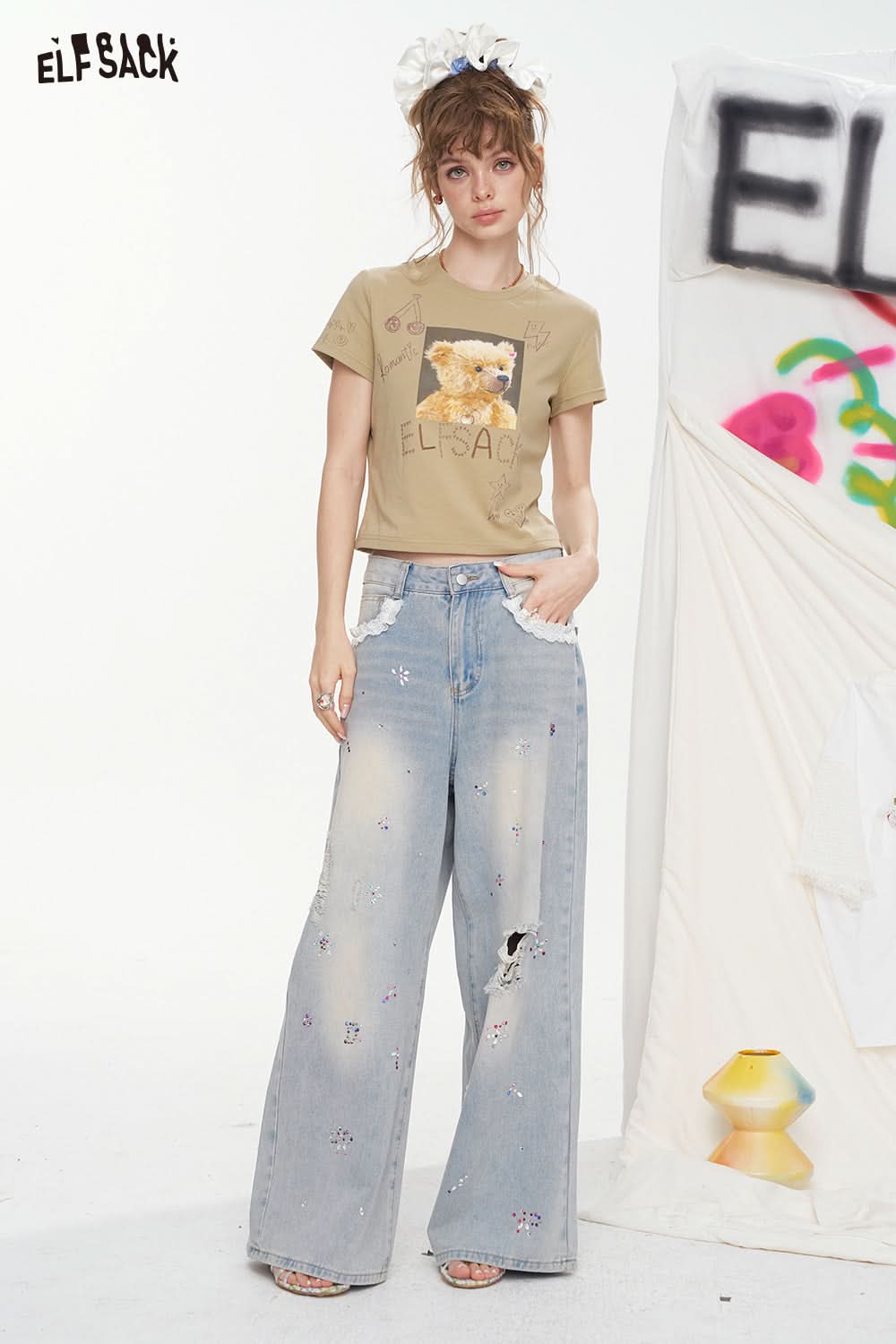 ELFSACK Little Bear Printed Short Sleeve Chic T-Shirt