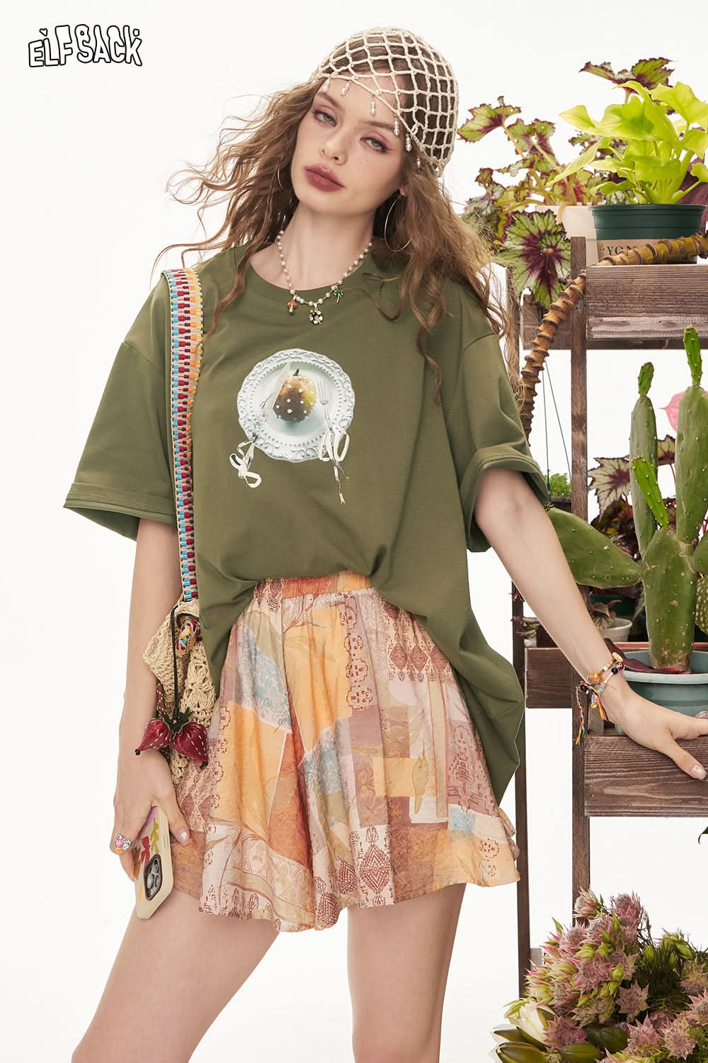 ELFSACK Retro Printed Casual Short Sleeve T-Shirt