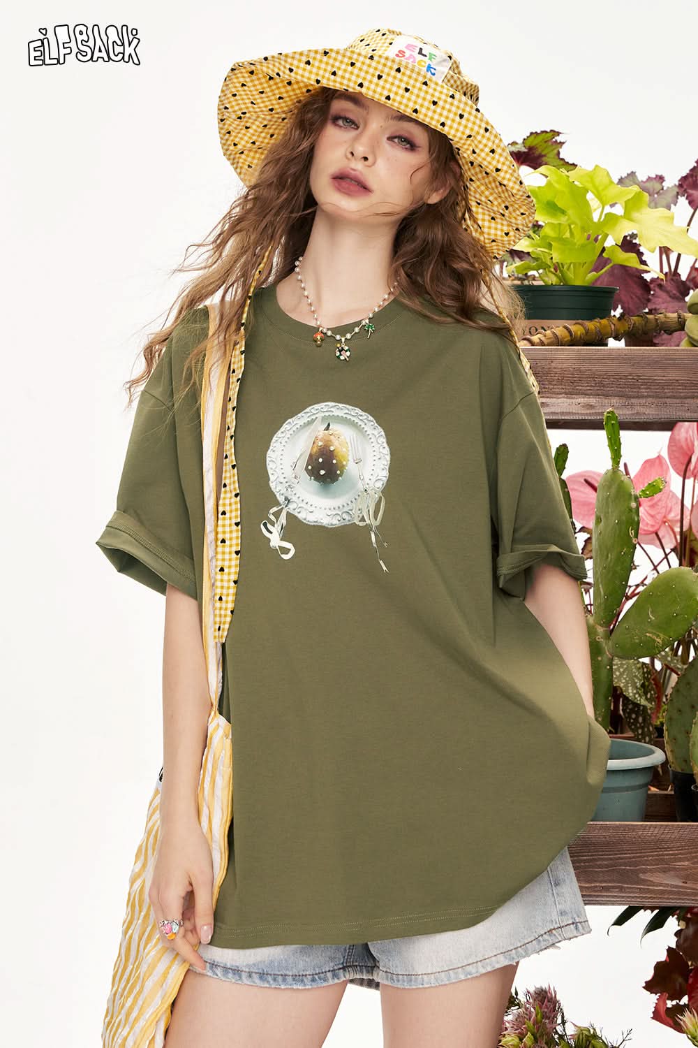 ELFSACK Retro Printed Casual Short Sleeve T-Shirt