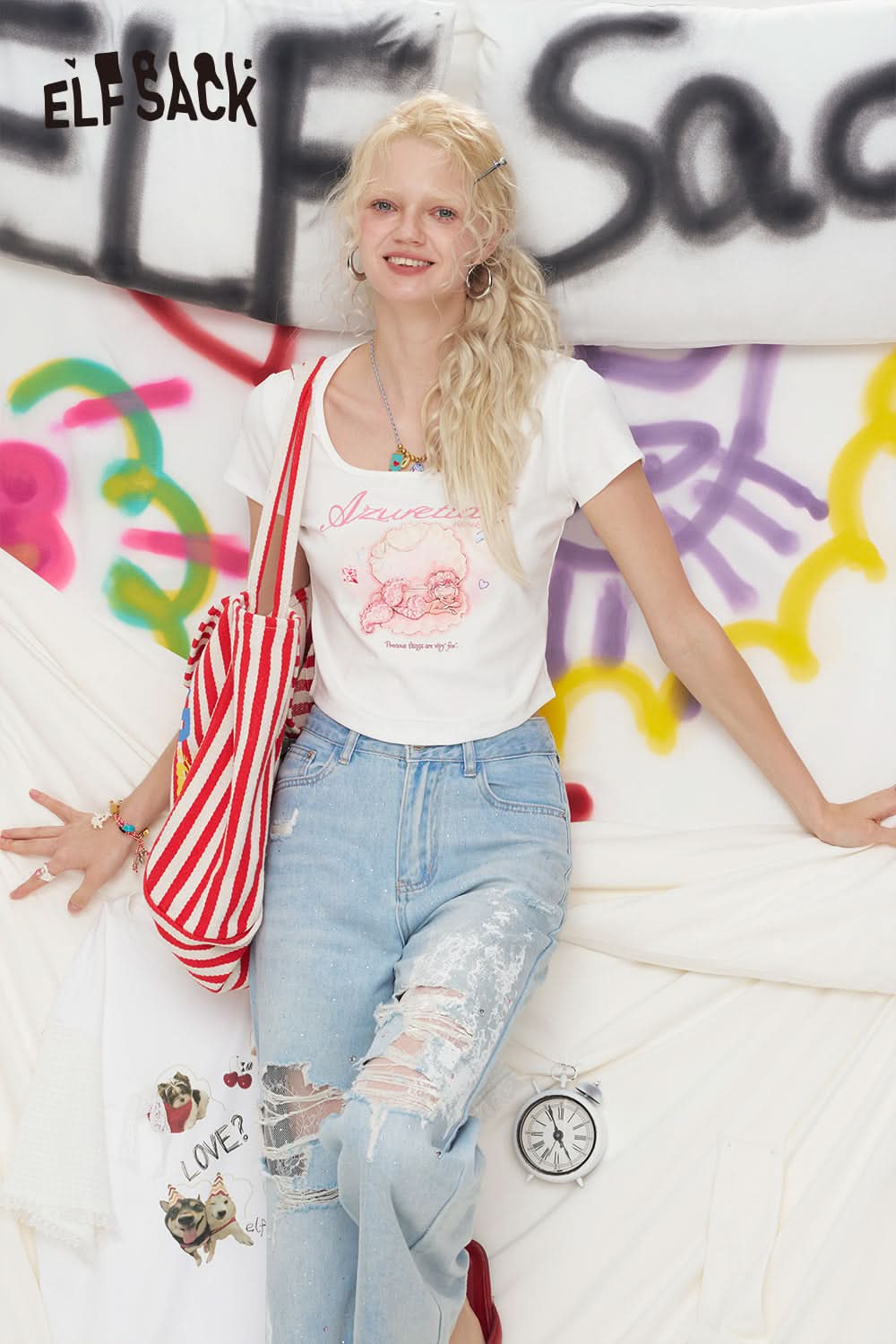 ELFSACK Blue Printed U-Neck Short Sleeve Chic T-Shirt