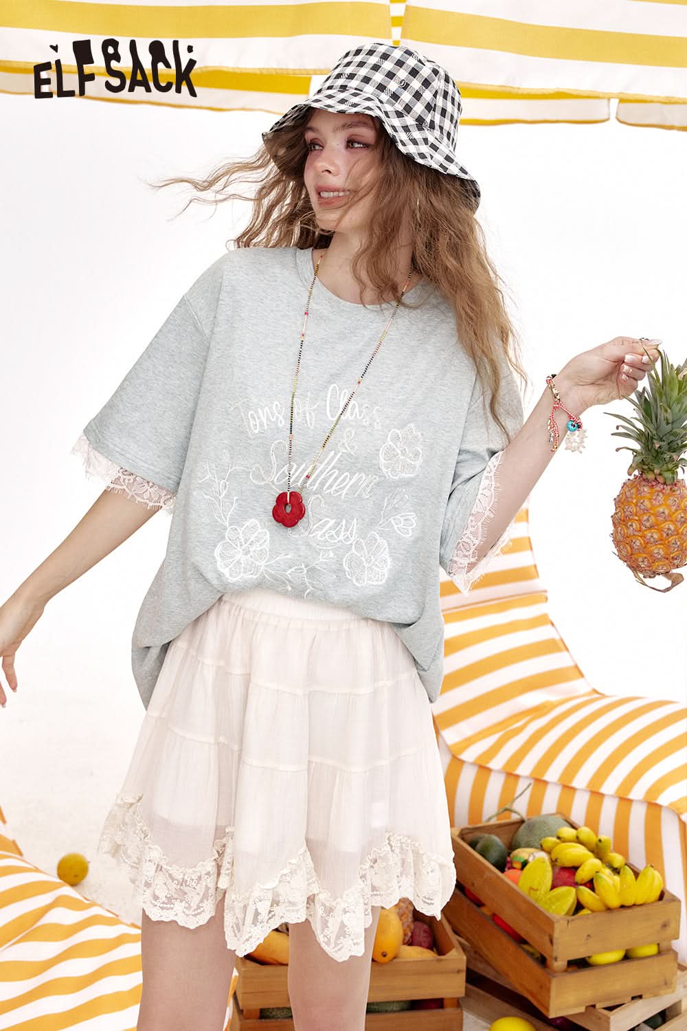 ELFSACK Lace Patchwork Casual Short Sleeve T-Shirt