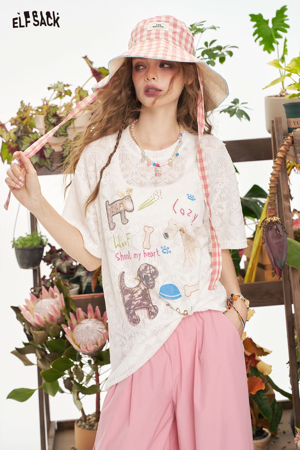ELFSACK Cartoon Printed Lace Short Sleeve Chic T-Shirt
