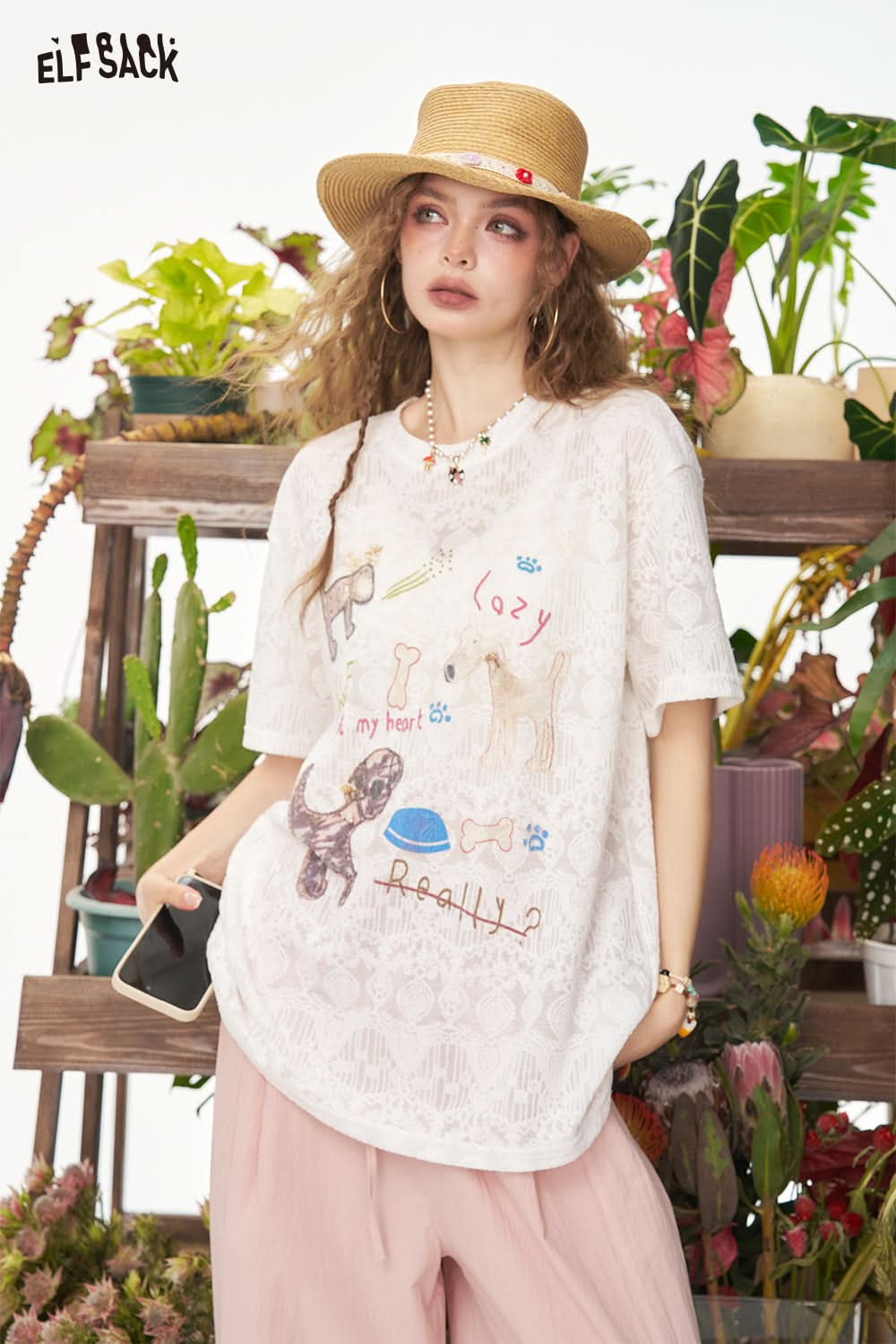 ELFSACK Cartoon Printed Lace Short Sleeve Chic T-Shirt