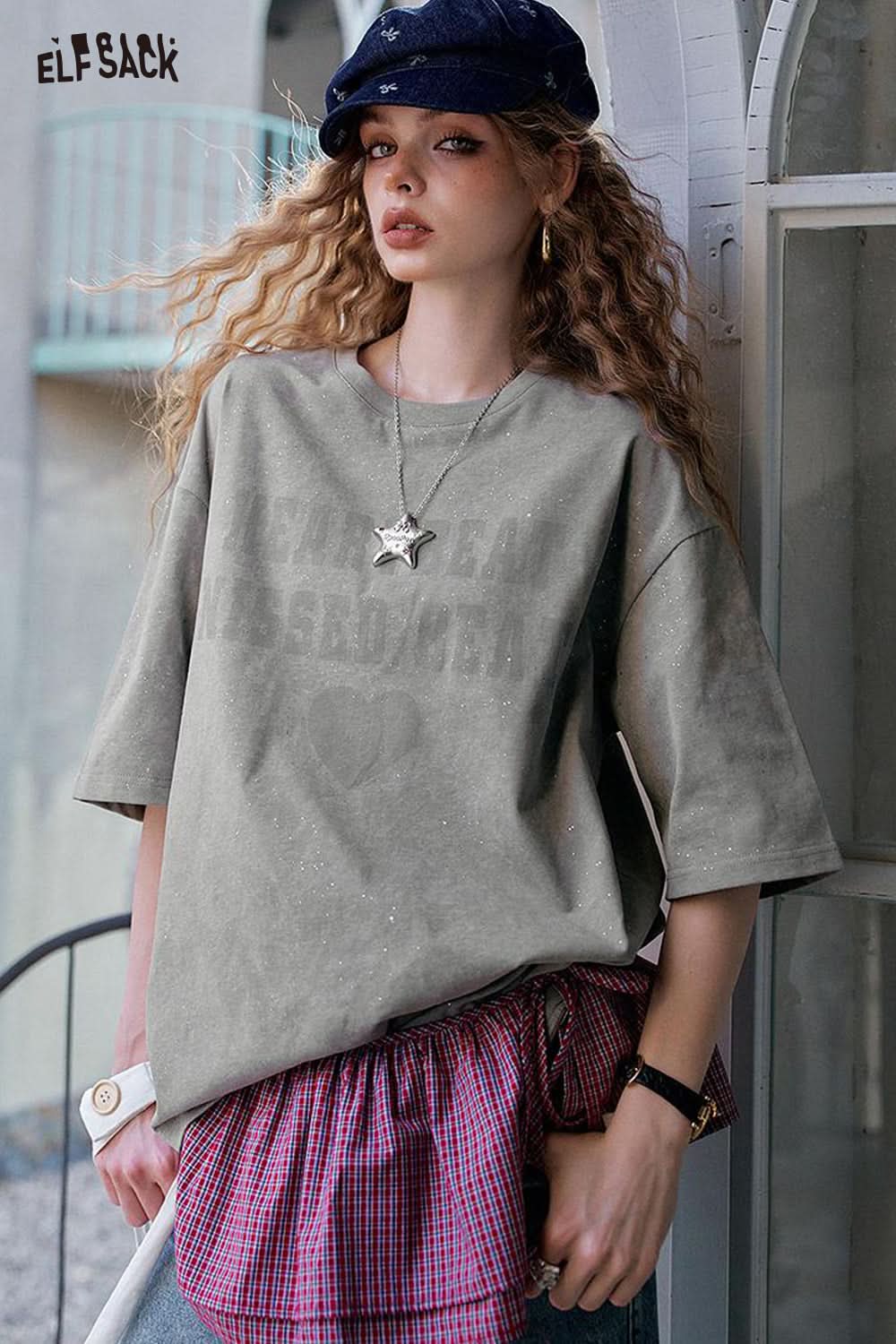 ELFSACK Retro Casual With Shiny Short Sleeve T-Shirt