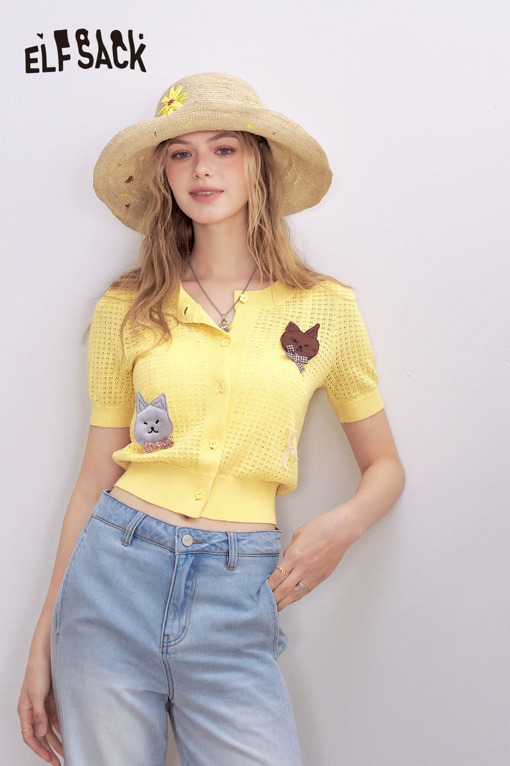 ELFSACK Yellow Hollow Short Sleeved Knitted Chic Sweater