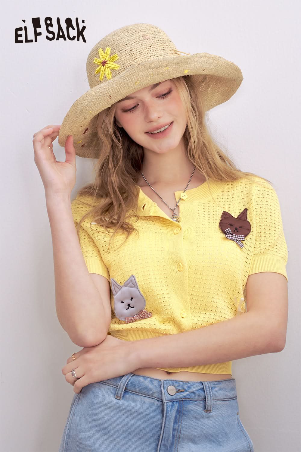 ELFSACK Yellow Hollow Short Sleeved Knitted Chic Sweater