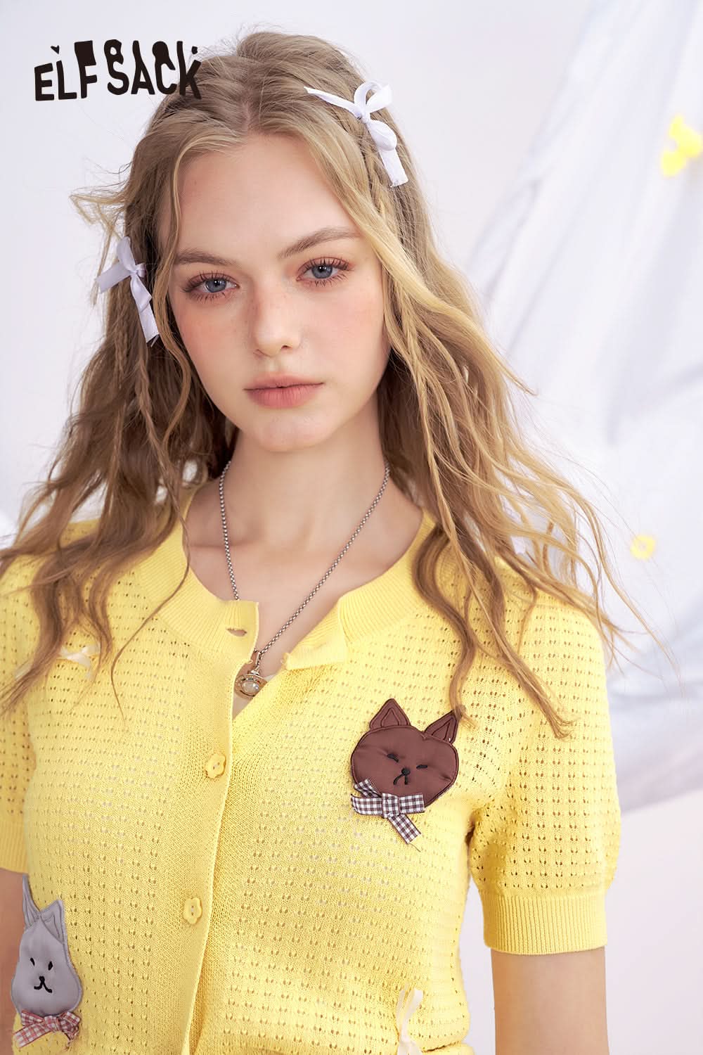 ELFSACK Yellow Hollow Short Sleeved Knitted Chic Sweater