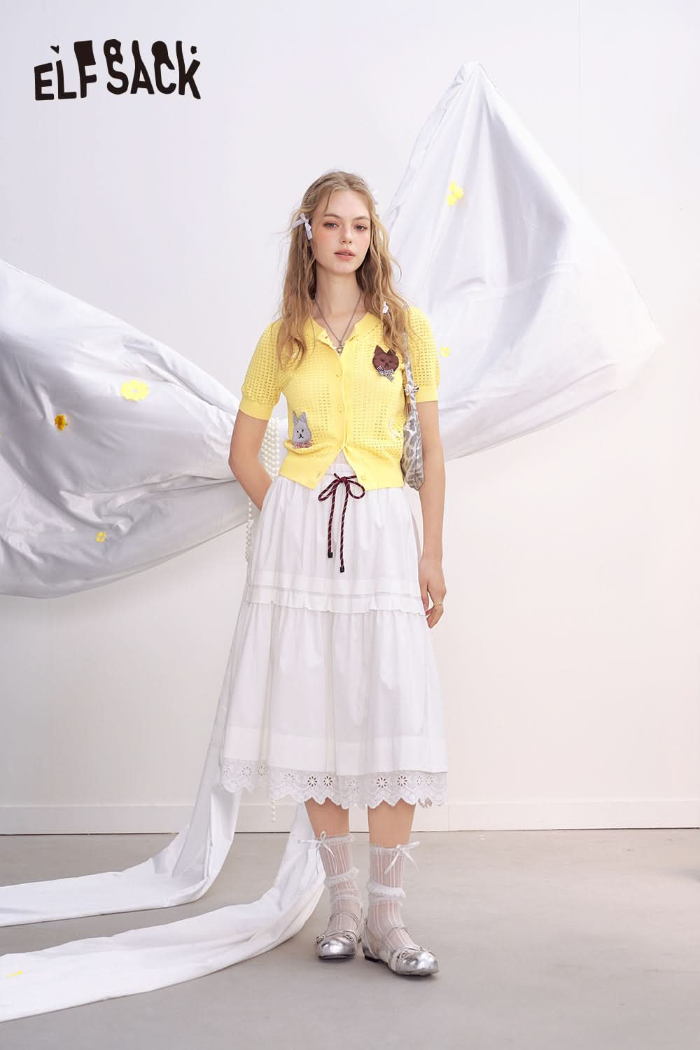 ELFSACK Yellow Hollow Short Sleeved Knitted Chic Sweater