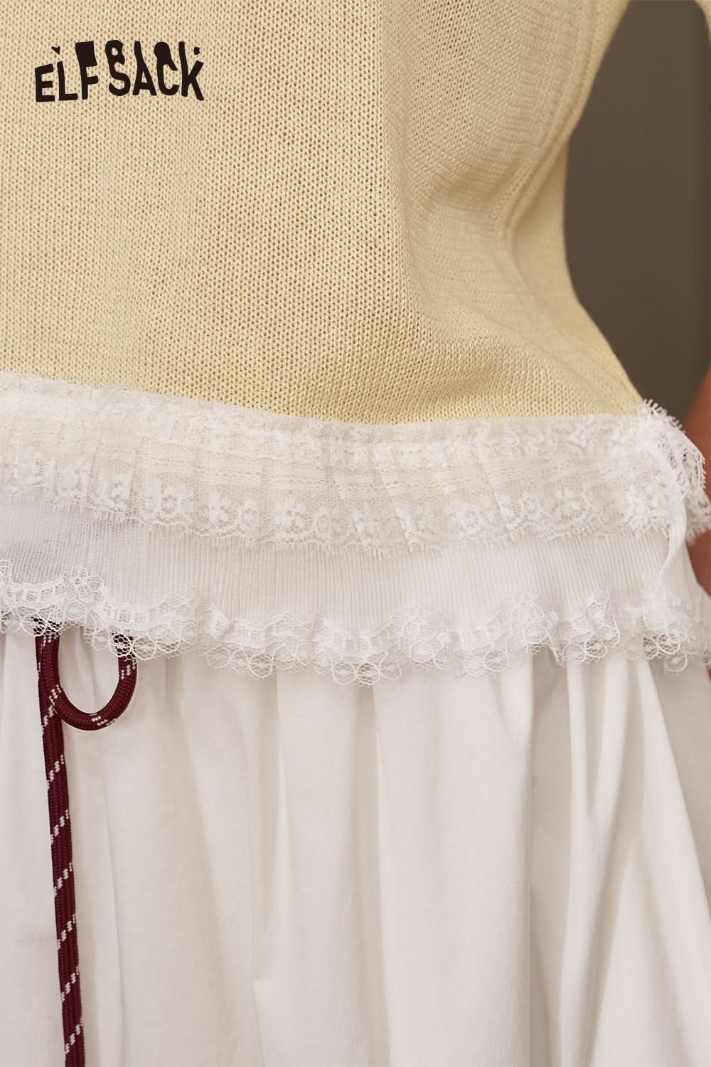 ELFSACK Lace Patchwork Lightweight Short Sleeved Knitted Casual Sweater