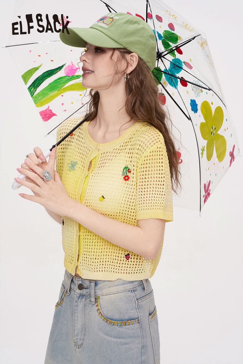 ELFSACK Fruit Embroidery Hollowed Out Casual Short Sleeved Knitted Sweater