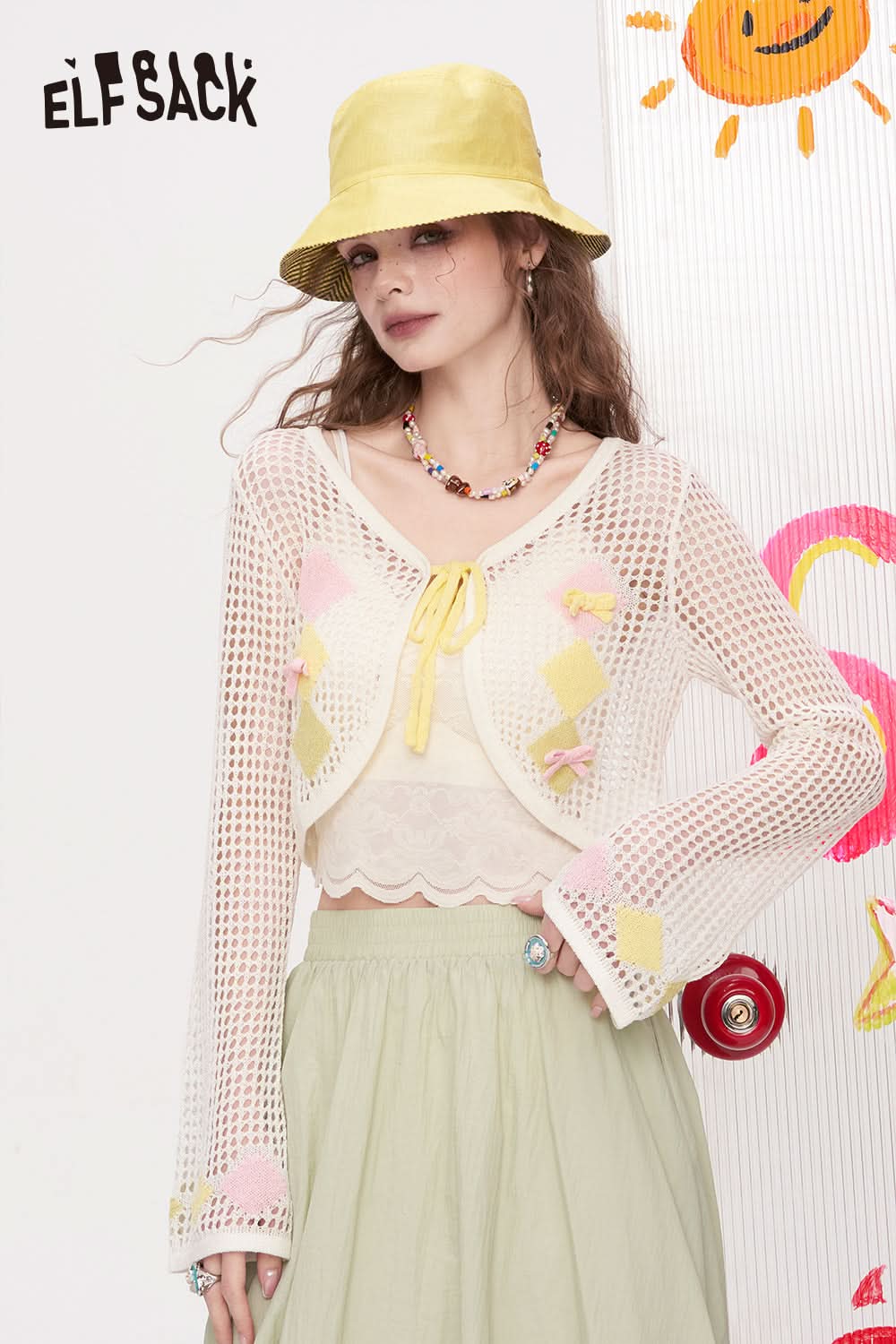 ELFSACK Hollow Out Casual Knitted Cardigan