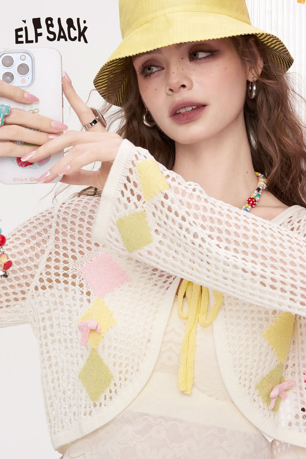 ELFSACK Hollow Out Casual Knitted Cardigan