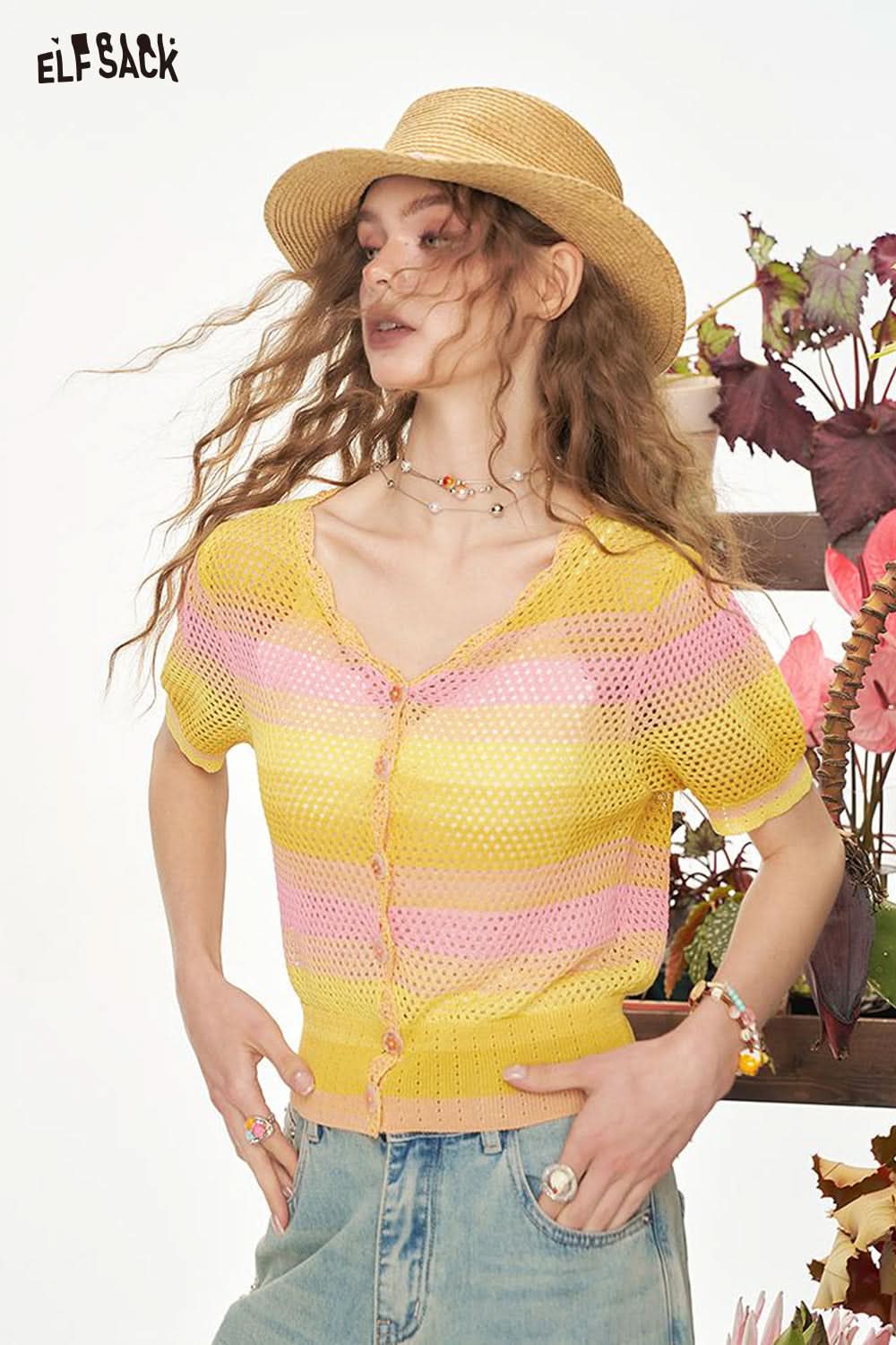 ELFSACK Dopamine Hollow Short Sleeved Knitted Sweater