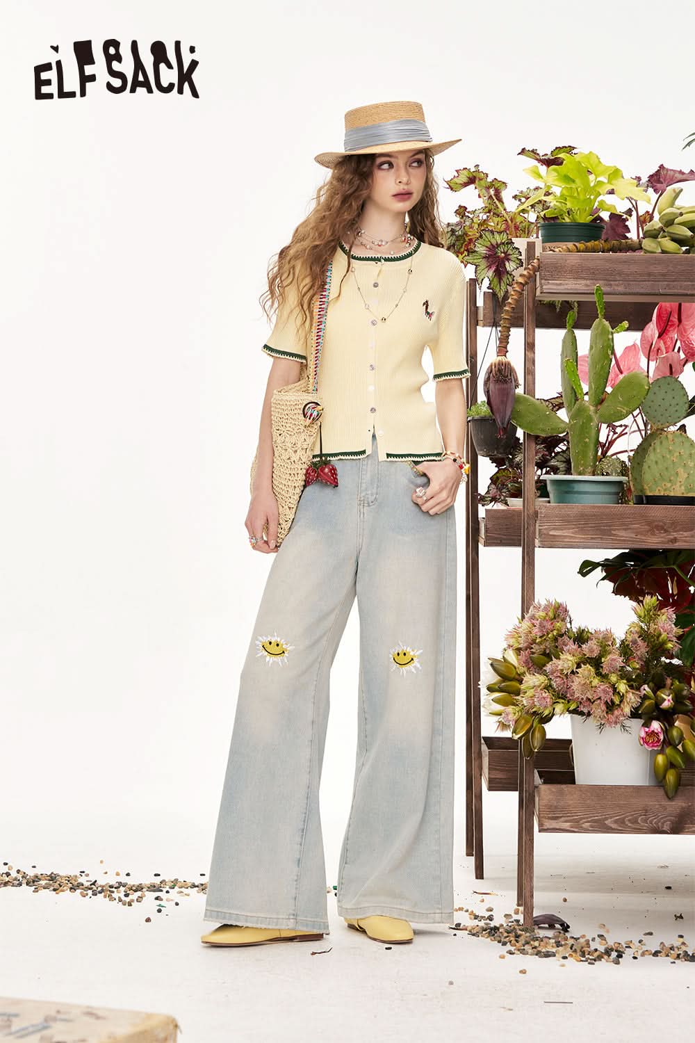 ELFSACK Y2K Little Dog Embroidered Short Sleeve Knitted Sweater