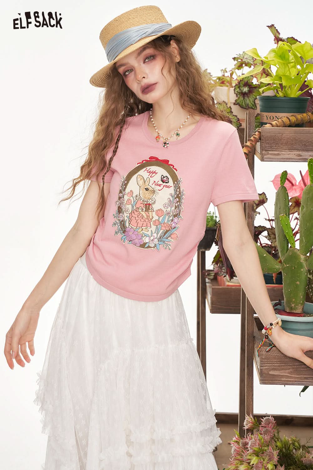 ELFSACK Pink Rabbit Pleated Short Sleeve Knitted Chic Sweater