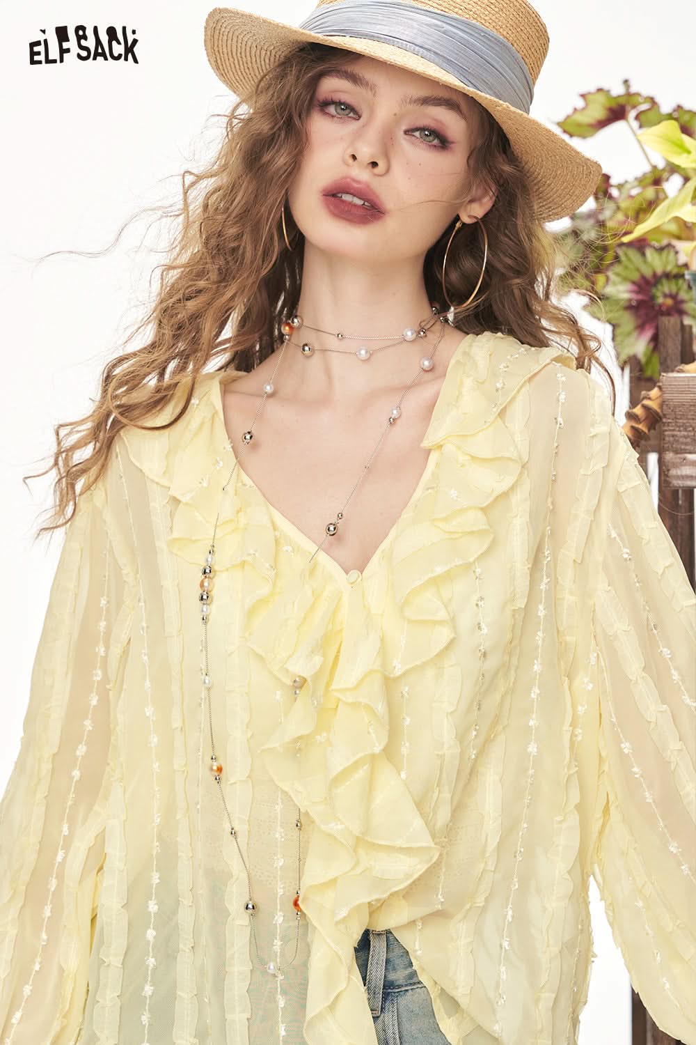 ELFSACK V-Neck Ruffled Chiffon Chic Shirt