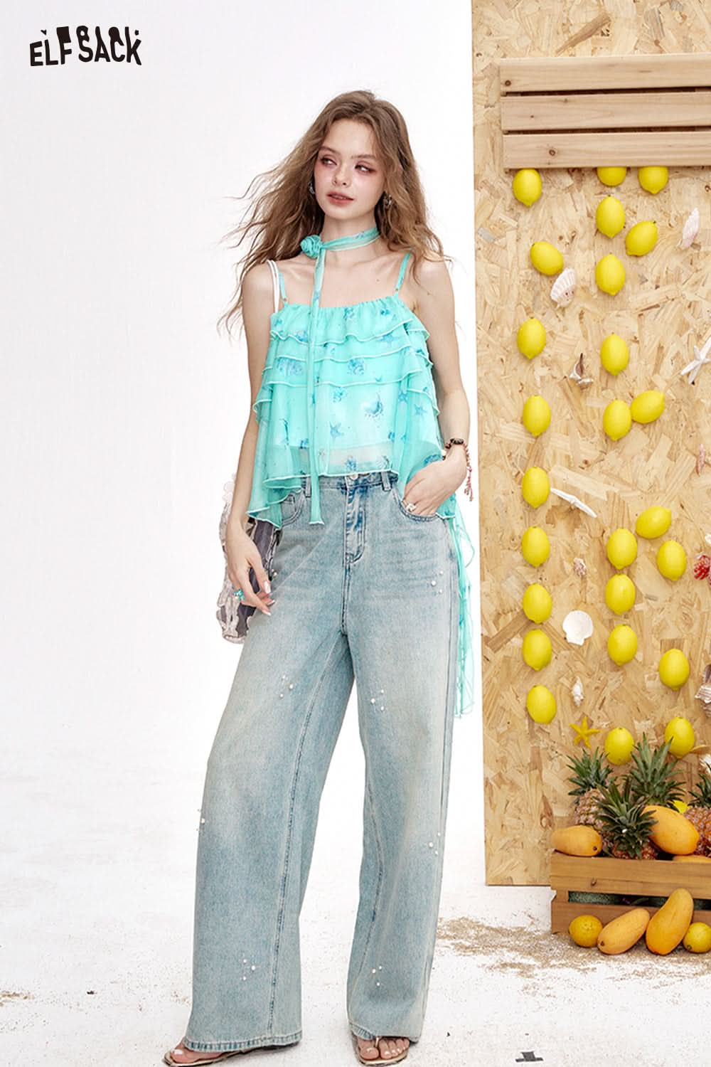 ELFSACK Blue Printed Camisole Chiffon Chic Shirt