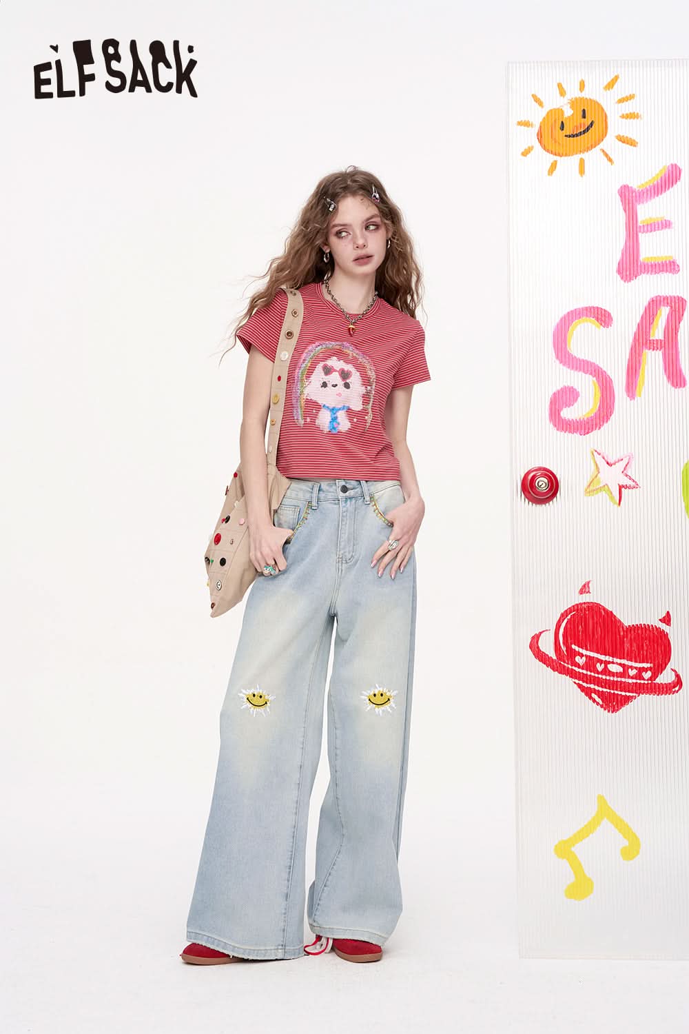 ELFSACK Smiling Face Embroidery Loose Straight Leg Wide Leg Jeans