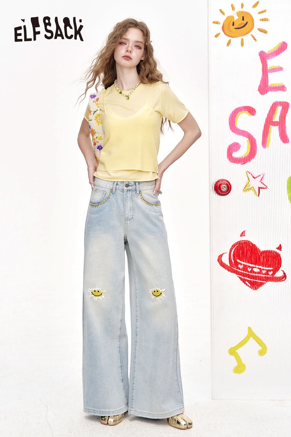 ELFSACK Smiling Face Embroidery Loose Straight Leg Wide Leg Jeans