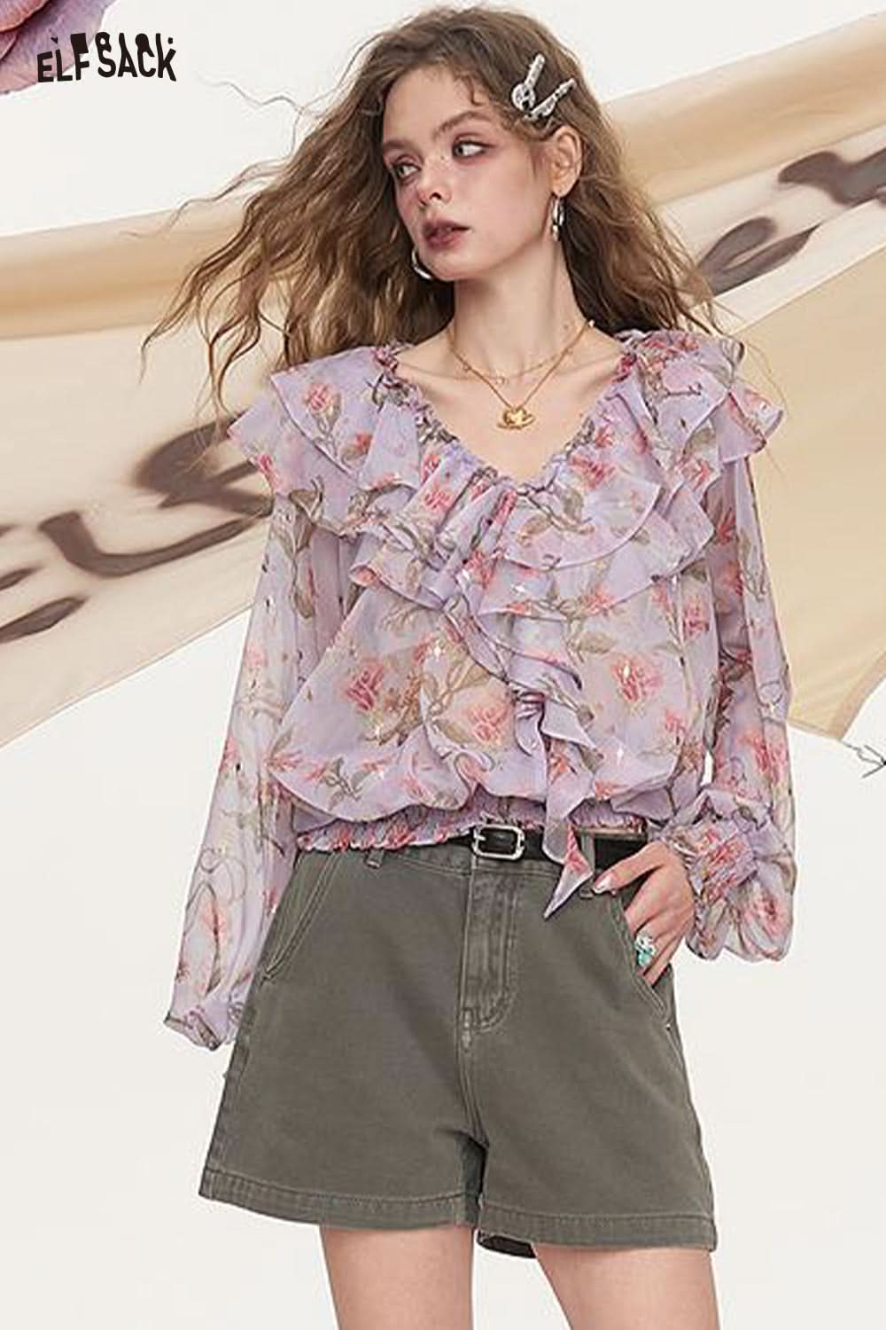 ELFSACK Waistband Loose A-Line Denim Shorts