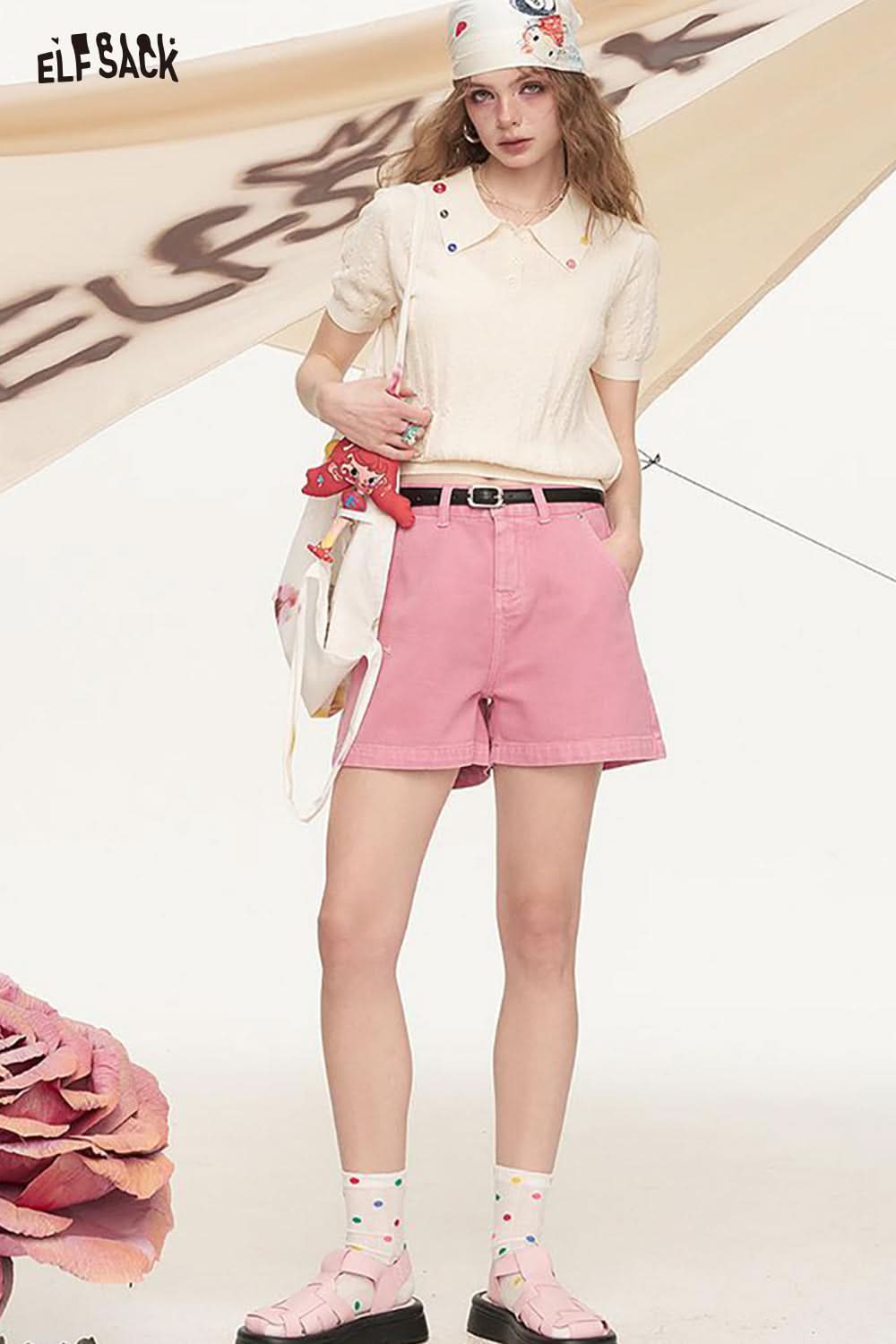 ELFSACK Waistband Loose A-Line Denim Shorts