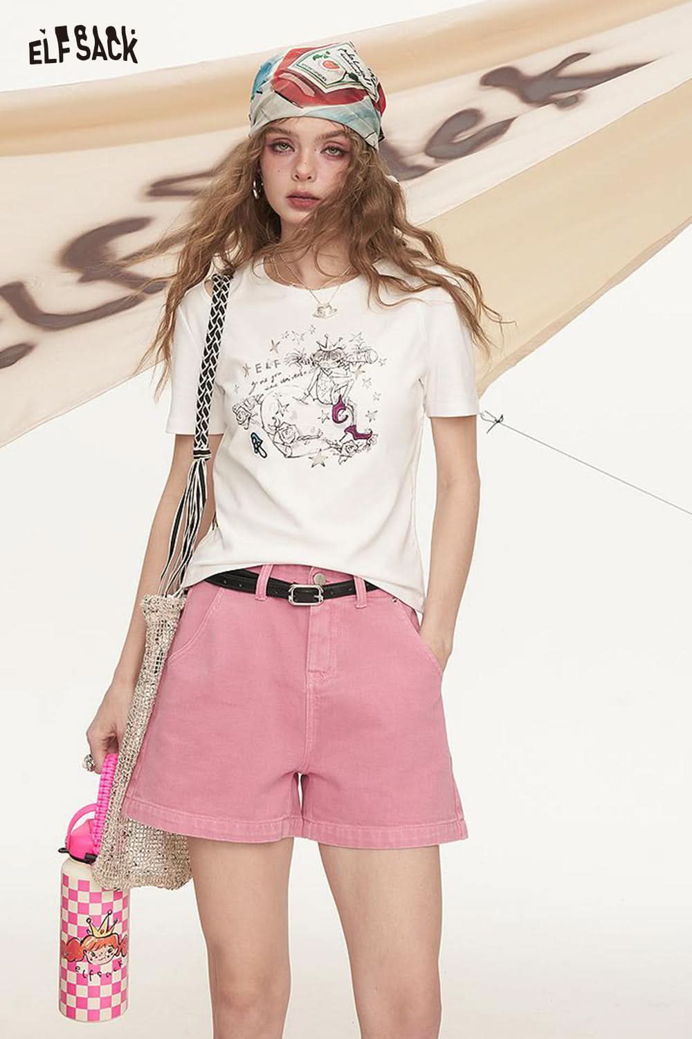 ELFSACK Waistband Loose A-Line Denim Shorts