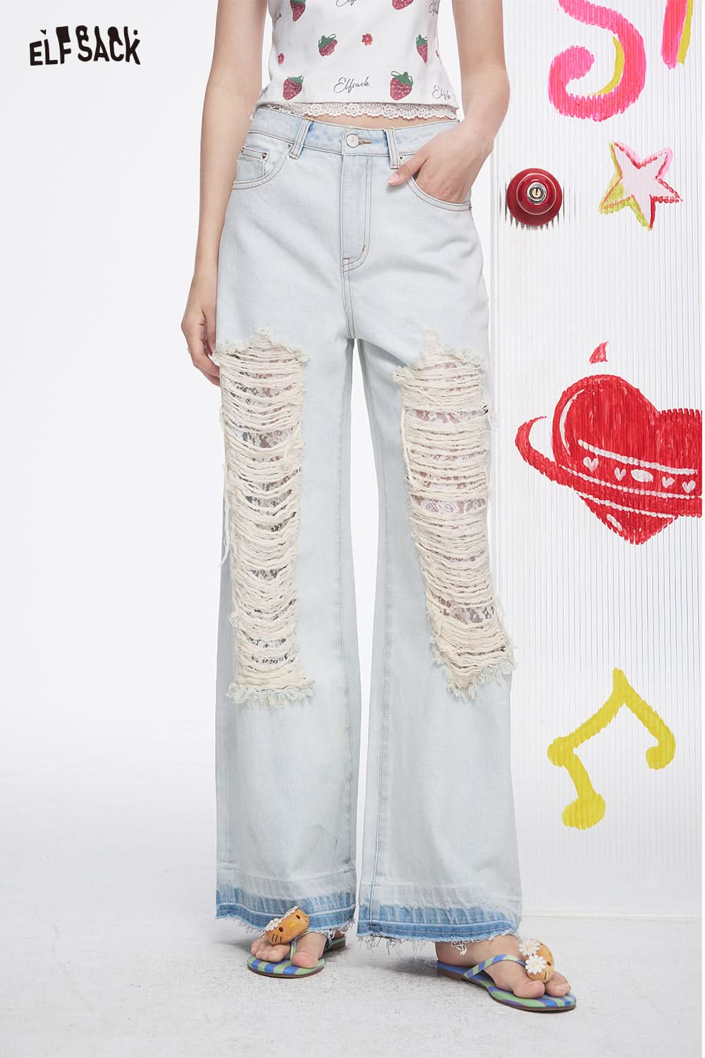 ELFSACK Lace With Holes, Light Colored Casual Straight Leg Wide Leg Jeans