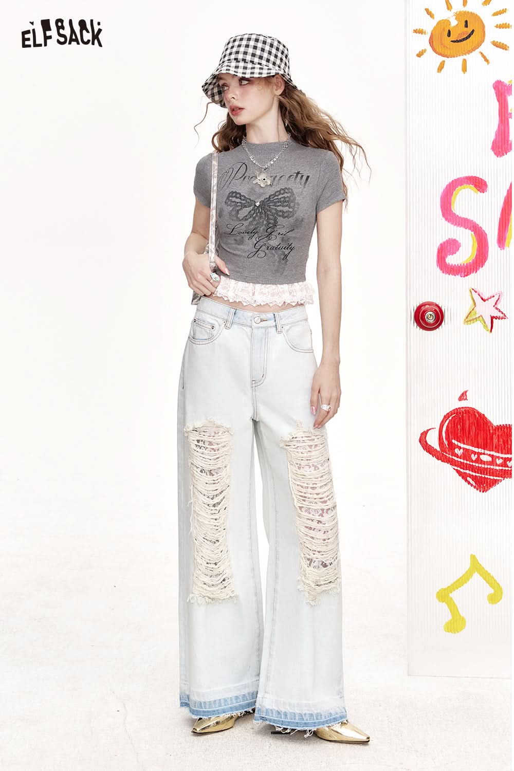 ELFSACK Lace With Holes, Light Colored Casual Straight Leg Wide Leg Jeans
